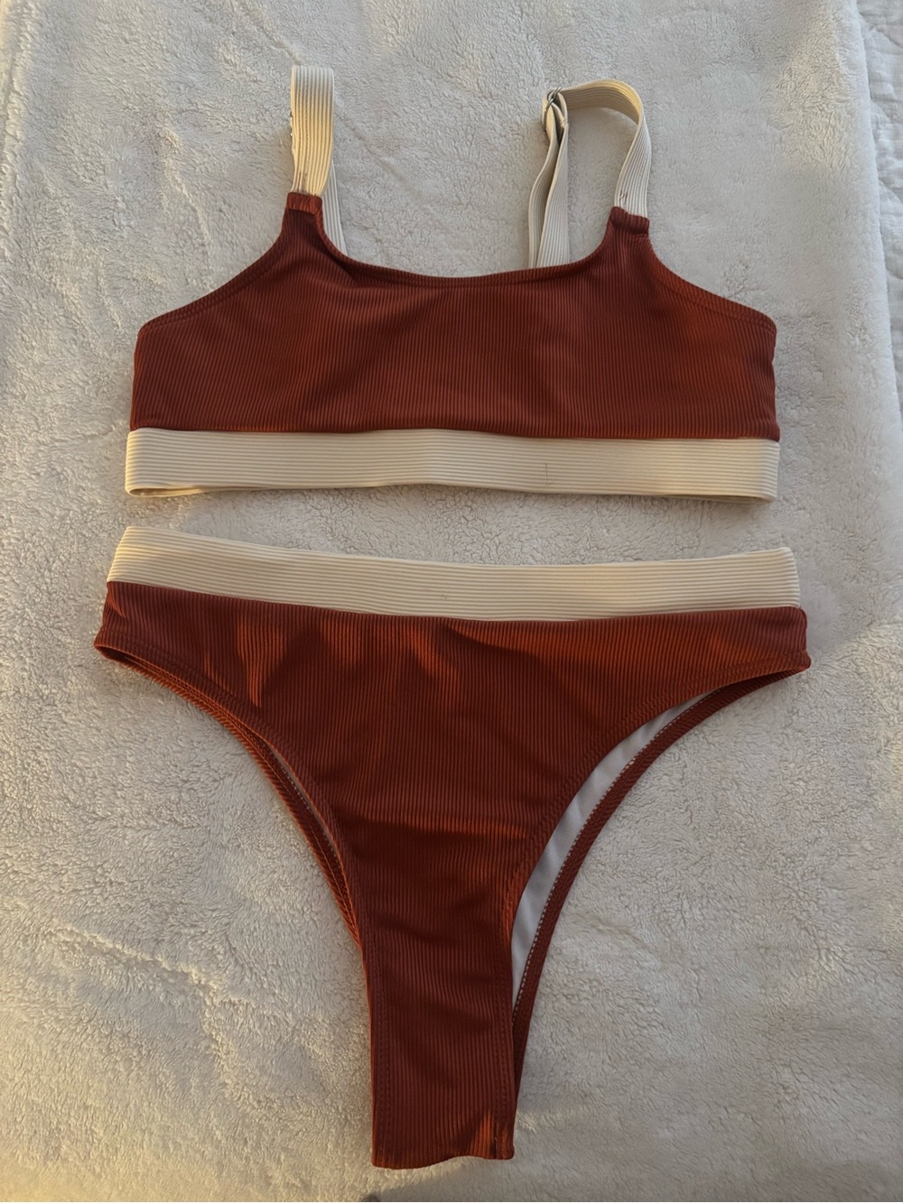 Zaful Ribbed Two-Tone Bikini - Rust & Cream